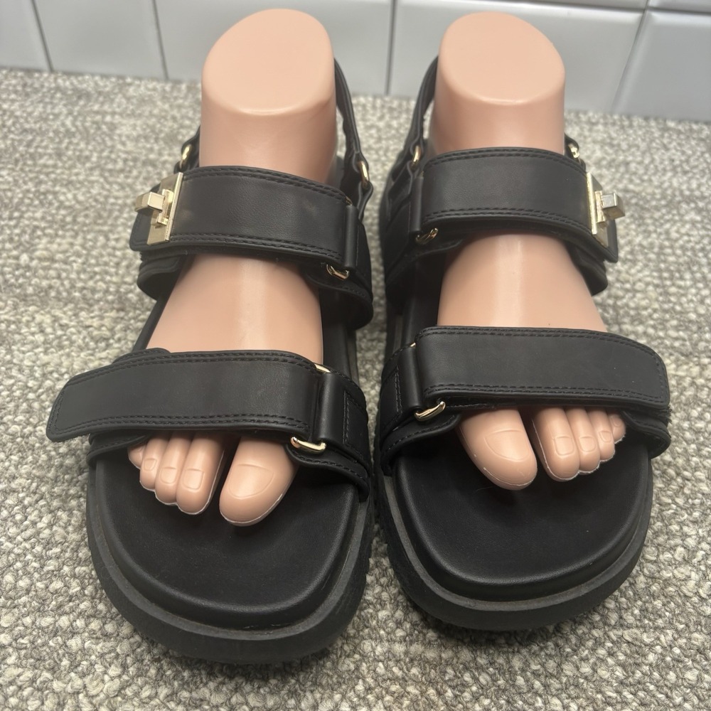 A New Day Black Double Strap Sandler Faux Gold Buckle Women's Sz 8.5 Ankle Strap